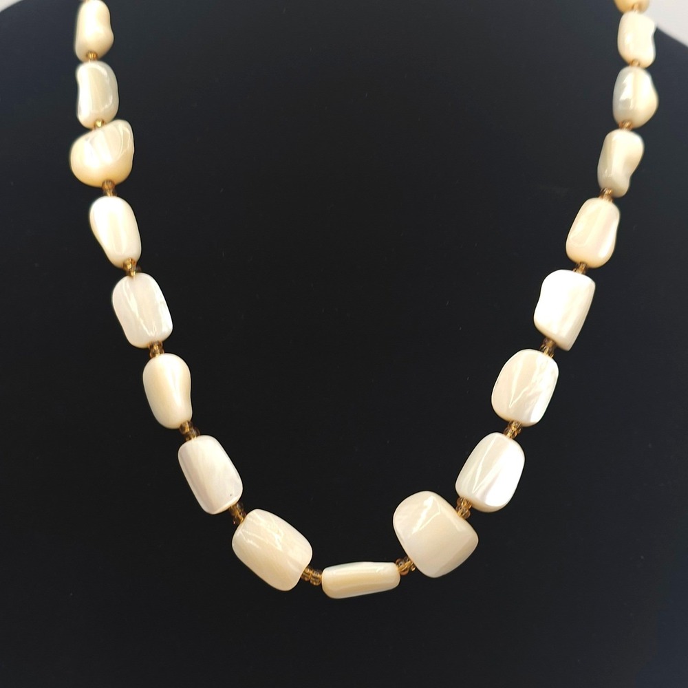 Vintage Mother of Pearl Bead Necklace 22" Cream Iridescent Shell Gold Seed Beads